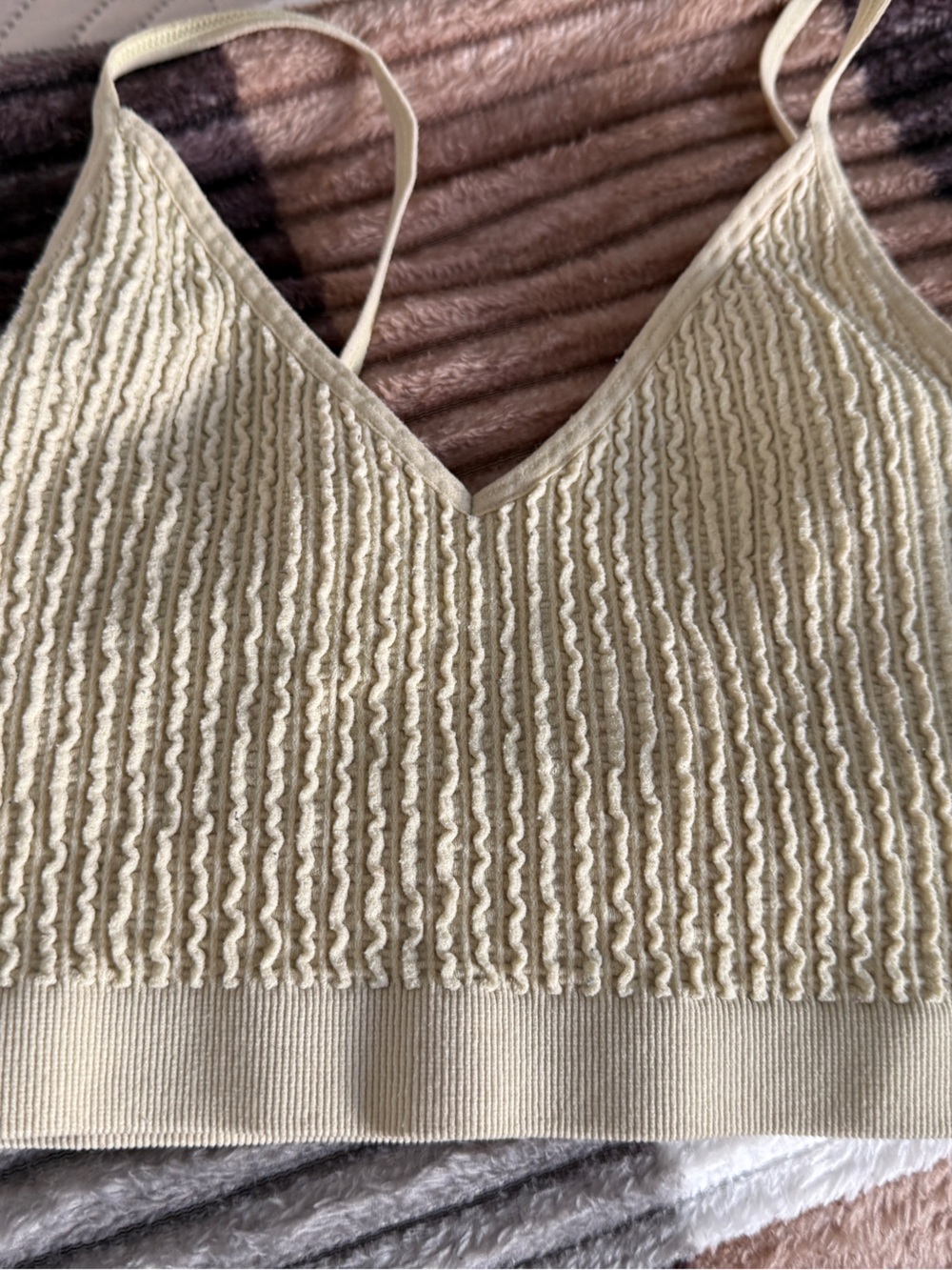 Textured Cream Ribbed V-Neck Crop Cami